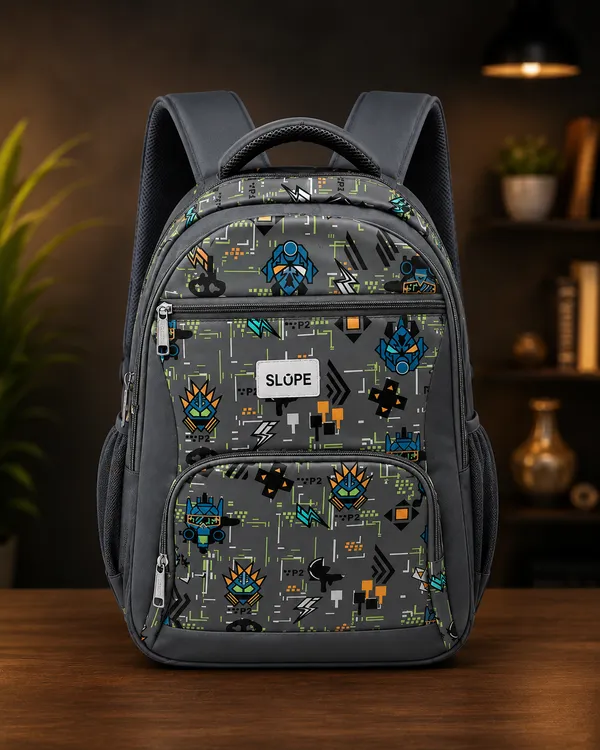 Grey_Polyurethane_Geometric_Print_Multi-Compartment_Backpack