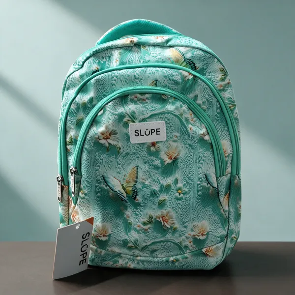 Turquoise_Printed_Pvc_Floral_Bird_Print_Backpack_For_Students