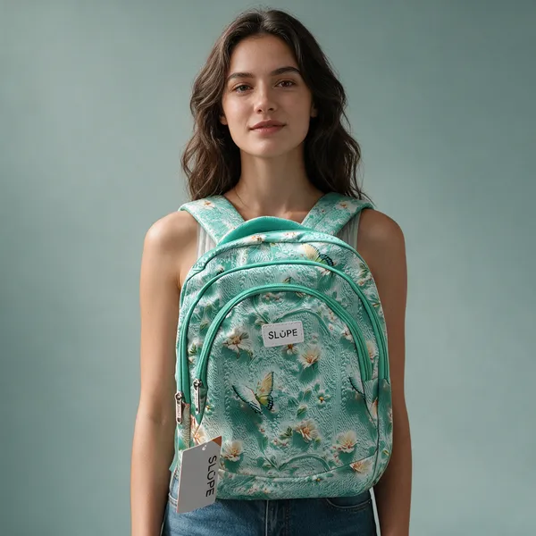 Turquoise_Printed_Pvc_Floral_Bird_Print_Backpack_For_Students