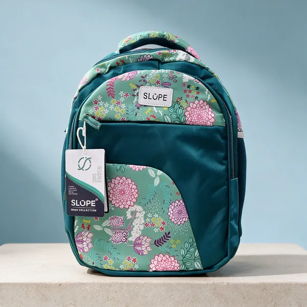 Teal_Polyester_Floral_Print_Backpack_For_Students