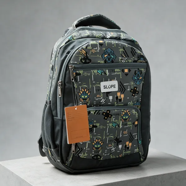 Grey_Polyurethane_Geometric_Print_Multi-Compartment_Backpack