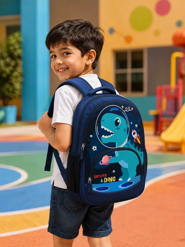 Navy_Polyester_Dinosaur_Print_Kids_Backpack