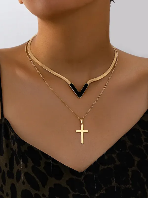 Gold_Tone_Layered_V_And_Cross_Necklace_For_Women