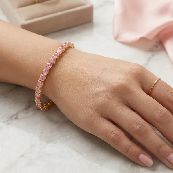 Gold_Tone_Pink_Stone_Tennis_Bracelet_For_Women