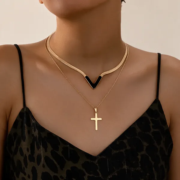 Gold_Tone_Layered_V_And_Cross_Necklace_For_Women