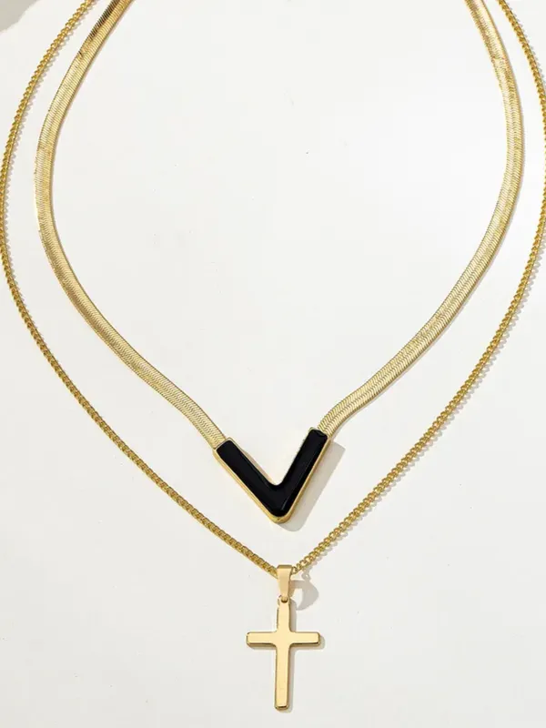 Gold_Tone_Layered_V_And_Cross_Necklace_For_Women