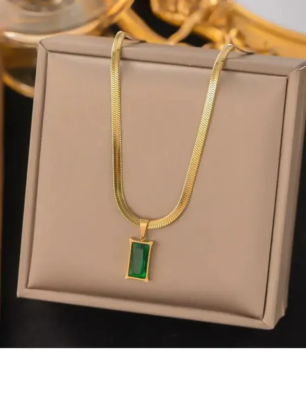 Gold_Tone_Snake_Chain_Green_Pendant_Necklace_For_Women