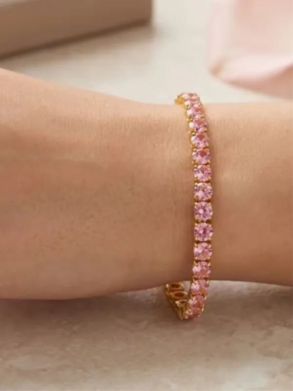 Gold_Tone_Pink_Stone_Tennis_Bracelet_For_Women
