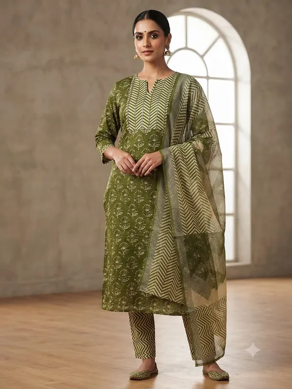 Olive_Cotton_Kurta_Set_For_Women