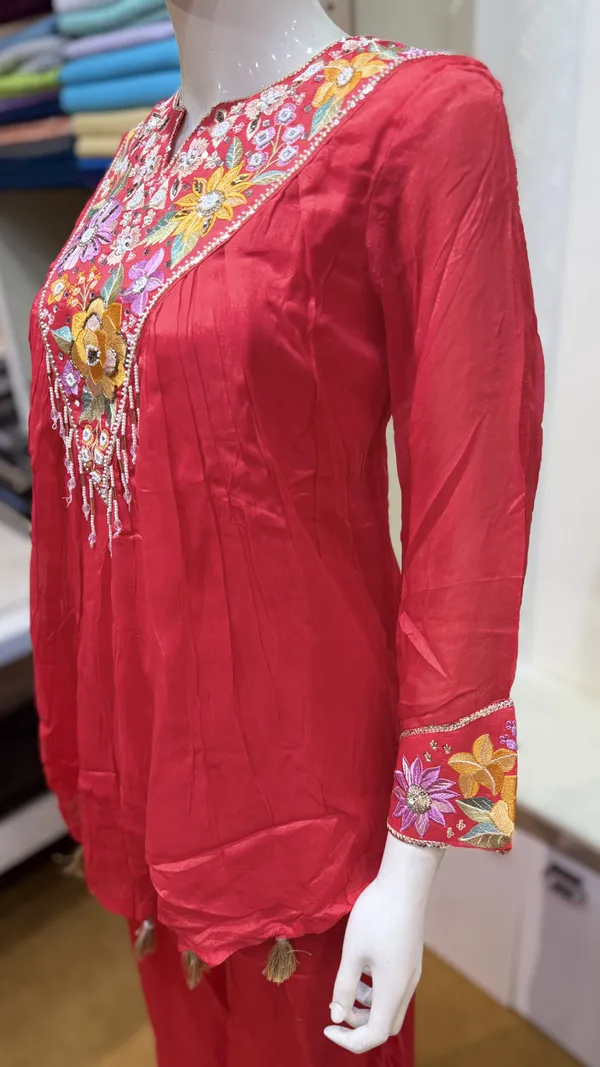 Red_Chinon_Silk_Relaxed_Cord_Set_For_Women