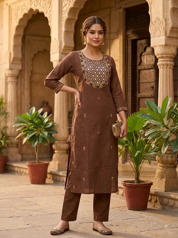 Coffee_Pure_Linen_Cotton_Straight_3_Piece_Suit_For_Women