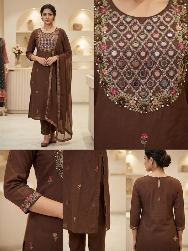 Coffee_Pure_Linen_Cotton_Straight_3_Piece_Suit_For_Women