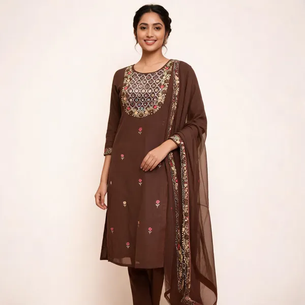 Coffee_Pure_Linen_Cotton_Straight_3_Piece_Suit_For_Women