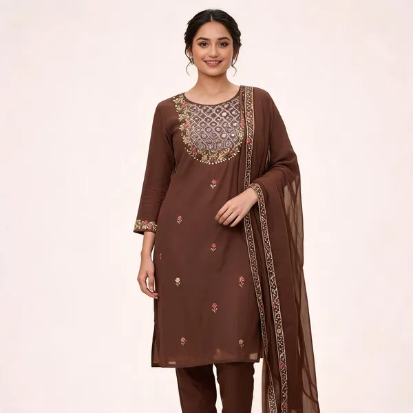 Coffee_Pure_Linen_Cotton_Straight_3_Piece_Suit_For_Women