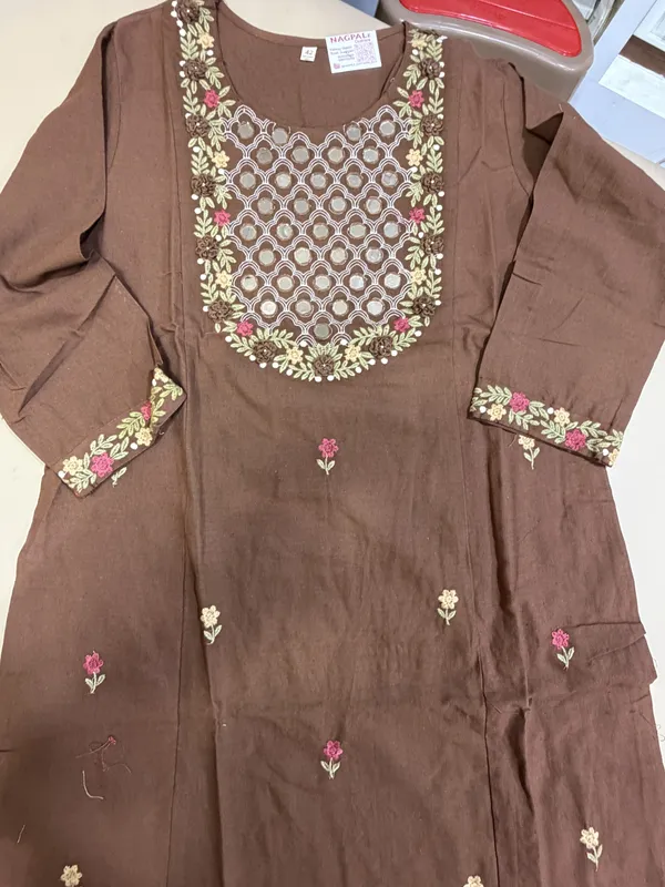 Coffee_Pure_Linen_Cotton_Straight_3_Piece_Suit_For_Women