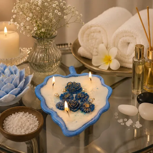 Floral_Wax_Candle_With_Leaf_Tray