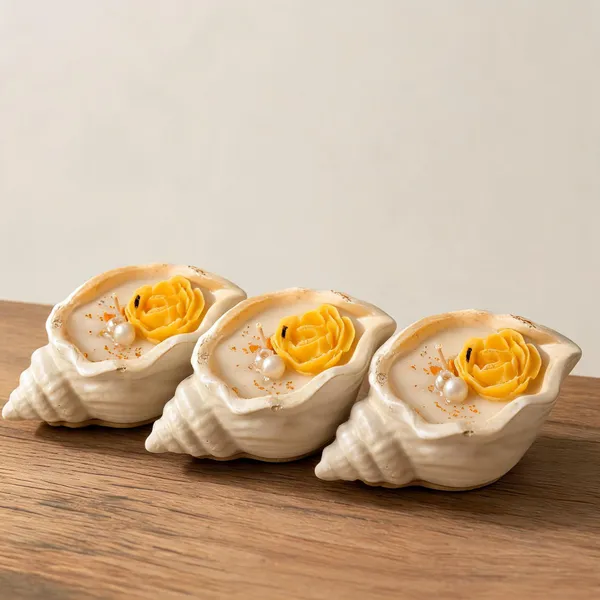 Soy_Wax_Golden_Floral_Pearl_Shell_Shaped_Candle_|_Pack_Of_3