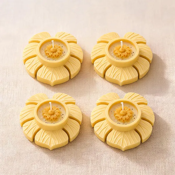 Soy_Wax_Floral_Tealight_Candle_In_Butter_Yellow_Petal_Holder_|_Pack_Of_4