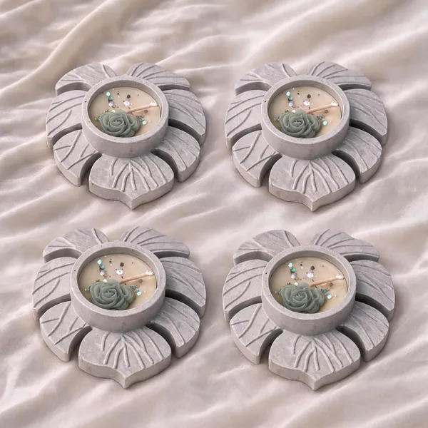 Soy_Wax_Floral_Tealight_Candle_In_Stone_Gray_Petal_Holder_|_Pack_Of_4
