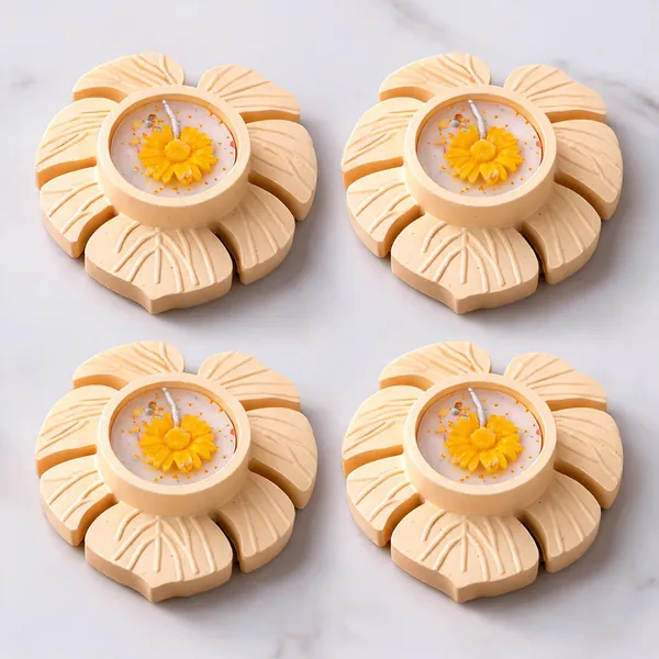 Soy_Wax_Floral_Tealight_Candle_In_Golden_Ivory_Petal_Holder_|_Pack_Of_4
