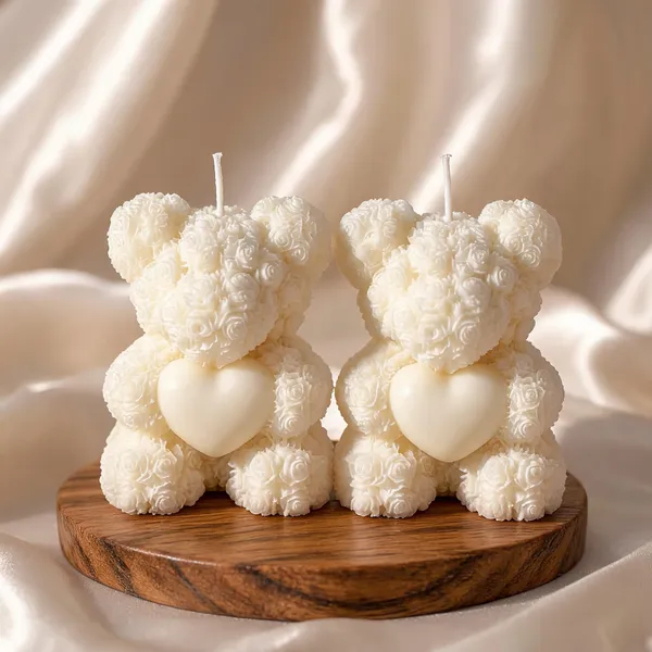 Wax_Floral_Ivory_Rose_Heart_Teddy_Bear_Candle_|_Pack_Of_2