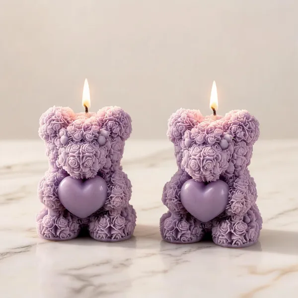 Wax_Floral_Lavender_Rose_Heart_Teddy_Bear_Candle_|_Pack_Of_2