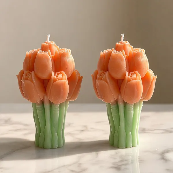 Wax_Floral_Peach_Tulip_Bloom_Sculptural_Candle_|_Pack_Of_2