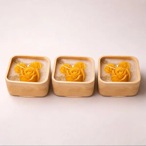 Soy_Wax_Yellow_Rose_Floral_Golden_Wooden_Bowl_Candle_|_Pack_Of_3