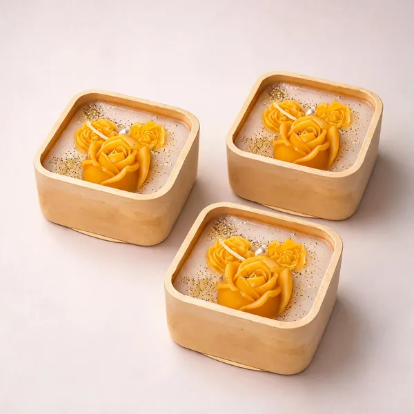 Soy_Wax_Yellow_Rose_Floral_Golden_Wooden_Bowl_Candle_|_Pack_Of_3