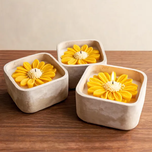 Soy_Wax_Daisy_Floral_Golden_Yellow_Concrete_Bowl_Candle_|_Pack_Of_3