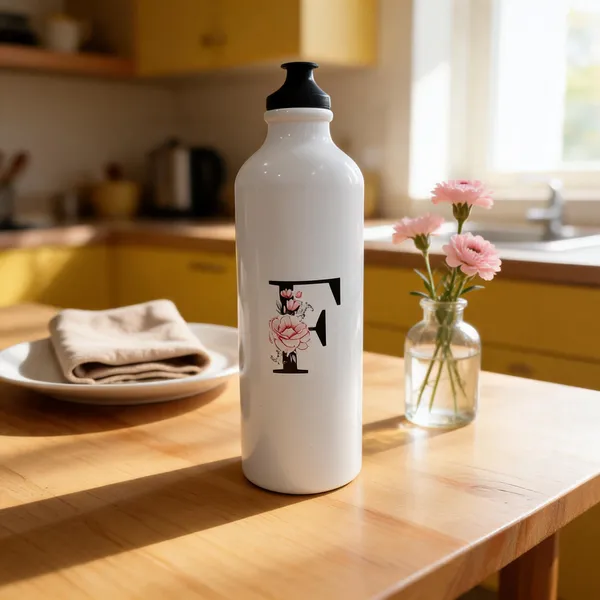 White_Floral_Print_Water_Bottle_750_Ml_With_Key_Chain_One__Pcs_Set