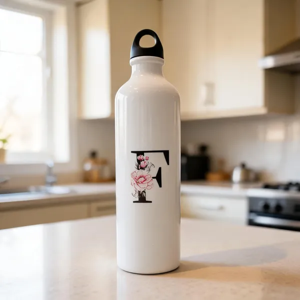 White_Floral_Print_Water_Bottle_750_Ml_With_Key_Chain_One__Pcs_Set