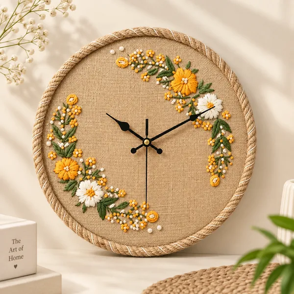 Golden_Petals_Jute_Floral_Wall_Clock