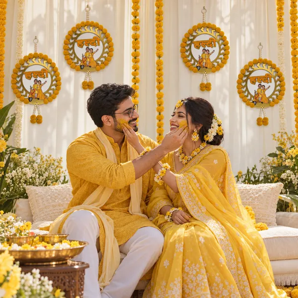 Rahodu_Golden_Haldi_Wedding_Hanging_with_Yellow_Floral_Border_&_Scooter_Couple_Design