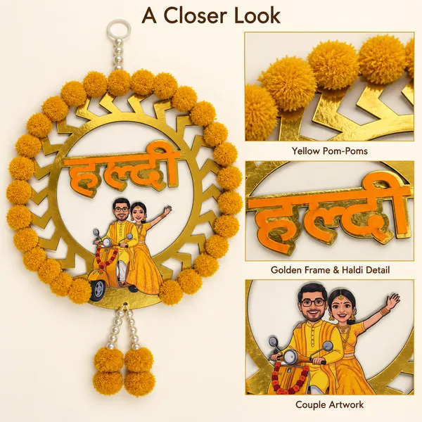Rahodu_Golden_Haldi_Wedding_Hanging_with_Yellow_Floral_Border_&_Scooter_Couple_Design