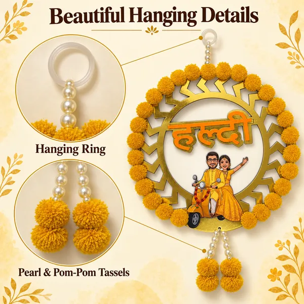 Rahodu_Golden_Haldi_Wedding_Hanging_with_Yellow_Floral_Border_&_Scooter_Couple_Design