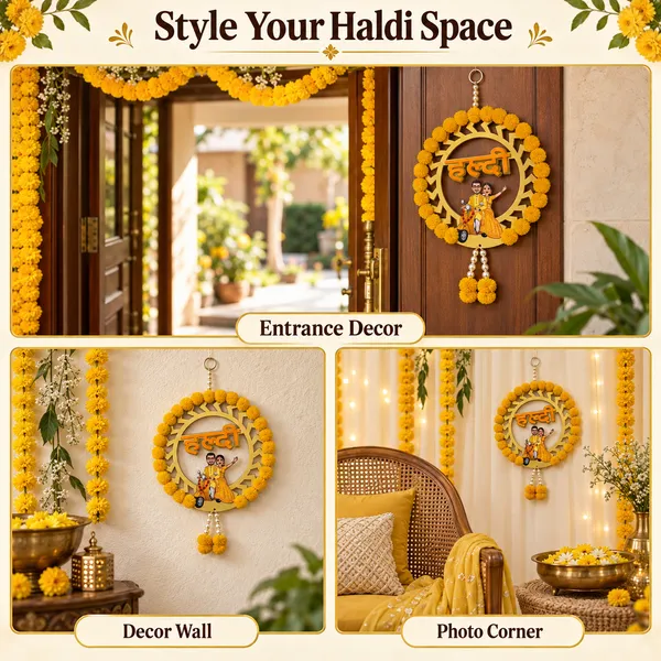 Rahodu_Golden_Haldi_Wedding_Hanging_with_Yellow_Floral_Border_&_Scooter_Couple_Design
