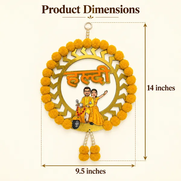 Rahodu_Golden_Haldi_Wedding_Hanging_with_Yellow_Floral_Border_&_Scooter_Couple_Design