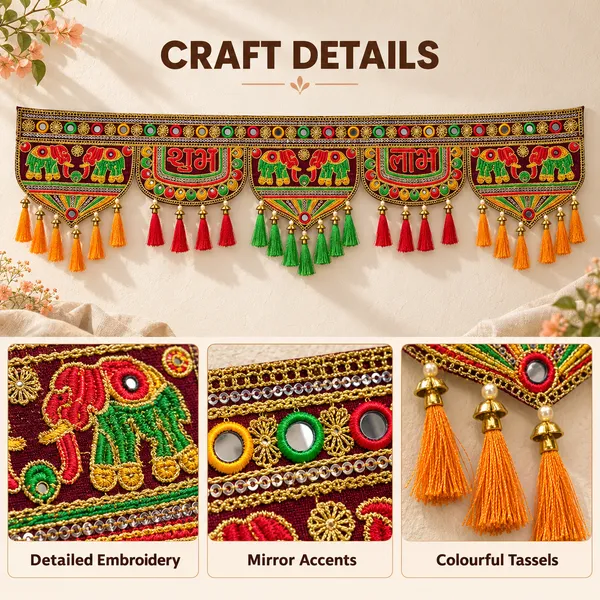 Rahodu_Handmade_Maroon_Shubh_Labh_Toran_with_Elephants_&_Colourful_Tassels