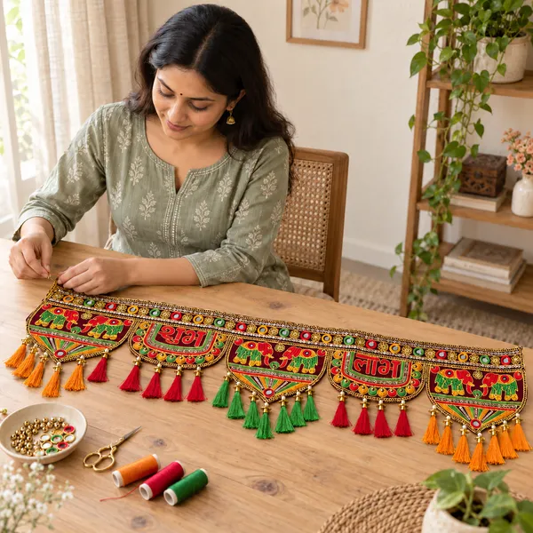 Rahodu_Handmade_Maroon_Shubh_Labh_Toran_with_Elephants_&_Colourful_Tassels