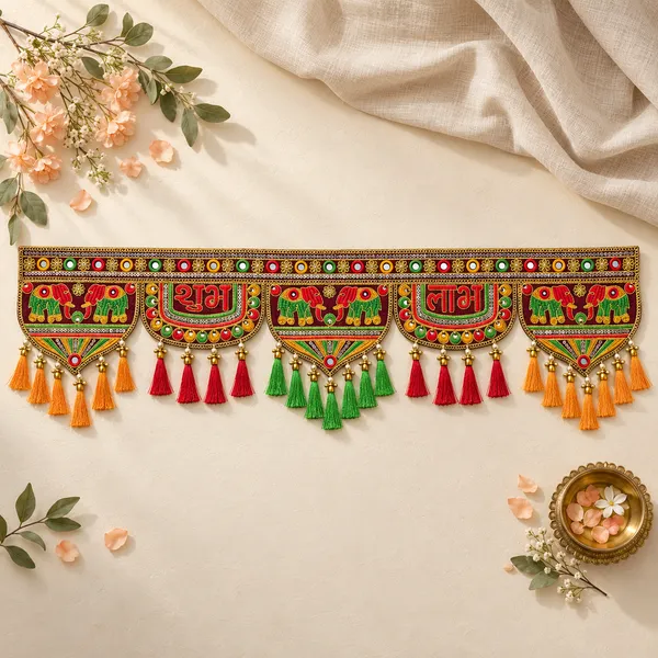 Rahodu_Handmade_Maroon_Shubh_Labh_Toran_with_Elephants_&_Colourful_Tassels