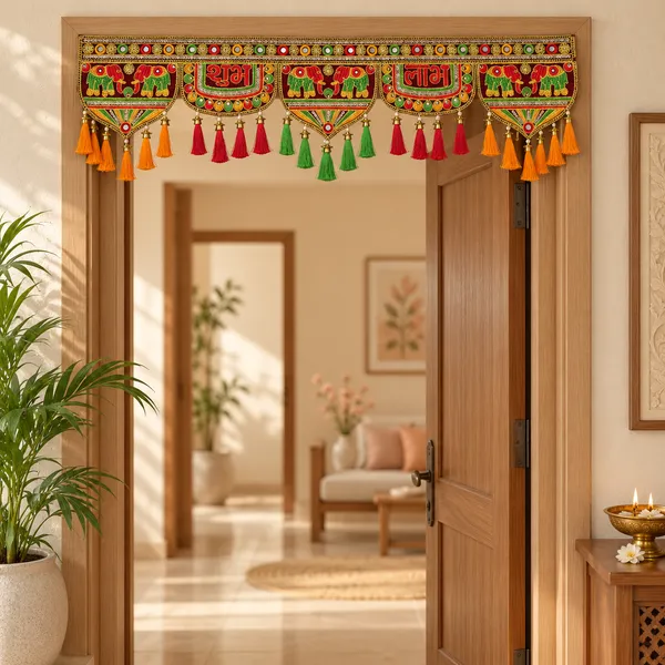 Rahodu_Handmade_Maroon_Shubh_Labh_Toran_with_Elephants_&_Colourful_Tassels