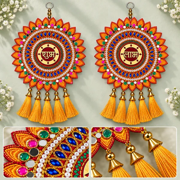 Rahodu_Shubh_Labh_Door_Hanging_Set_of_2_with_Sunflower_Design,_Mirror_Look_Work_&_Golden_Yellow_Tassels_for_Diwali_and_Mandir_Decoration