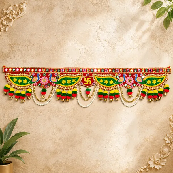Rahodu_Traditional_Handmade_Door_Toran_for_Home_Entrance_|_Decorative_Bandarwal_with_Peacock_Design,_Mirrors,_Pearl_Chains_&_Hanging_Bells_|_Festive_Wall_Hanging_for_Diwali,_Navratri,_Wedding_&_Housewarming_Decor_Size_36_x_8