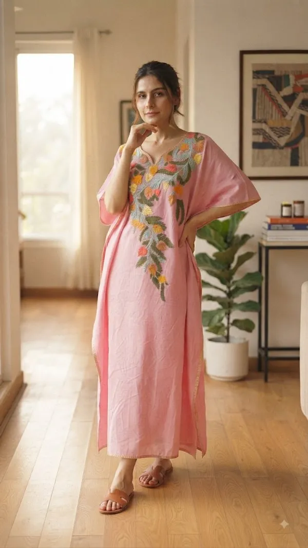 Pink_Cotton_Crush_Relaxed_Fit_Floral_Embroidered_Kashmiri_Kaftan_For_Women