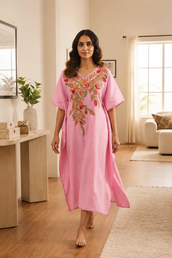 Pink_Cotton_Crush_Relaxed_Fit_Floral_Embroidered_Kashmiri_Kaftan_For_Women