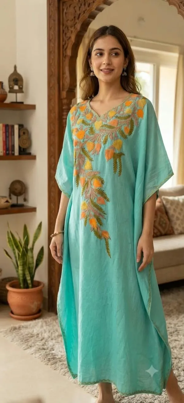 Aqua_Blue_Cotton_Crush_Relaxed_Fit_Floral_Embroidered_Kashmiri_Kaftan_For_Women