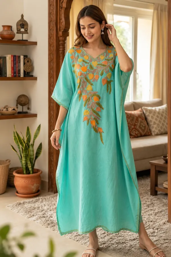 Aqua_Blue_Cotton_Crush_Relaxed_Fit_Floral_Embroidered_Kashmiri_Kaftan_For_Women