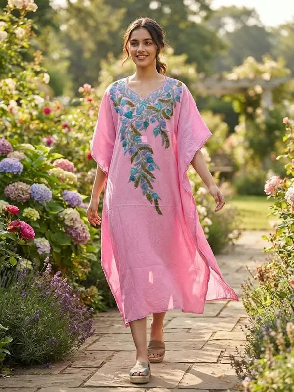 Pink_Cotton_Crush_Relaxed_Fit_Floral_Embroidered_Kashmiri_Kaftan_For_Women