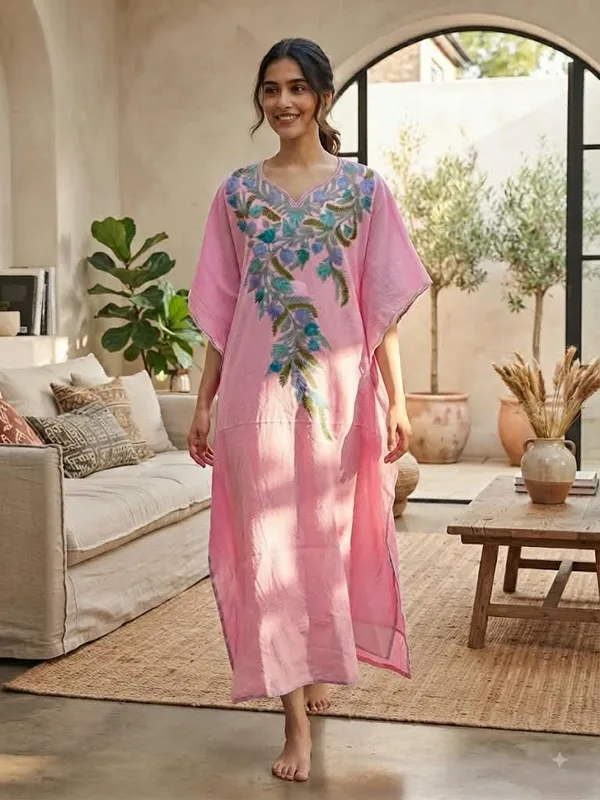 Pink_Cotton_Crush_Relaxed_Fit_Floral_Embroidered_Kashmiri_Kaftan_For_Women